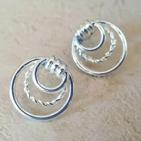 Art Deco Circles Hoop and Twist Sterling Silver Plated Stud Earrings - Picture 1 of 6